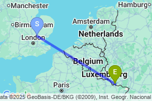 Map of the flight from London Stansted to Saarbruecken