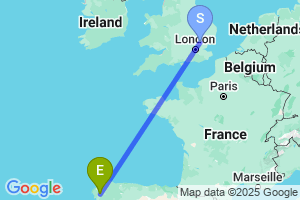 Map of the flight from London Stansted to Santiago de Compostela