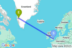 Map of the flight from London Stansted to Kangerlussuaq