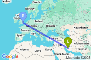 Map of the flight from London Stansted to Shiraz