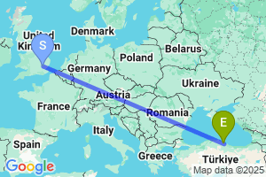 Map of the flight from London Stansted to Samsun