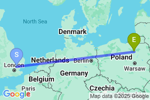 Map of the flight from London Stansted to Olsztyn-Mazury