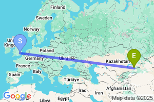 Map of the flight from London Stansted to Taldy-Kurgan