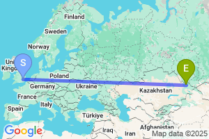 Map of the flight from London Stansted to Ust-Kamenogorsk