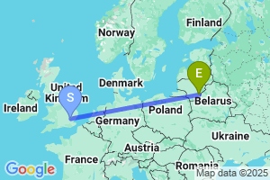 Map of the flight from London Stansted to Vilnius