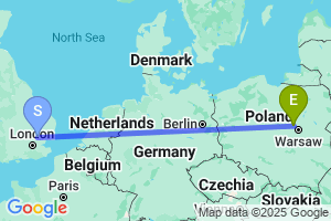 Map of the flight from London Stansted to Warsaw Modlin