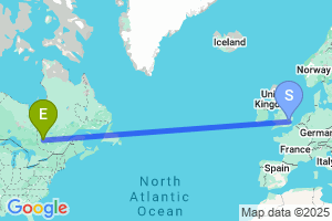 Map of the flight from London Stansted to Val D'Or