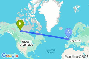 Map of the flight from London Stansted to Yellowknife