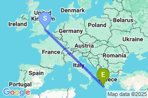 Map of the flight from London Stansted to Zante (Zakynthos)